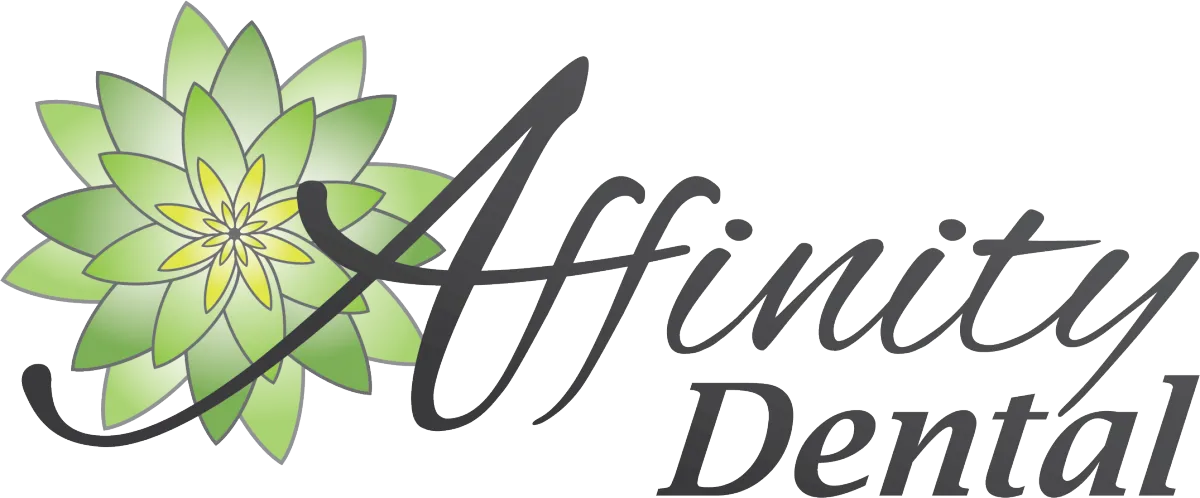 Affinity Dental logo featuring green lotus flower with stylized text for Queen Creek dental practice.